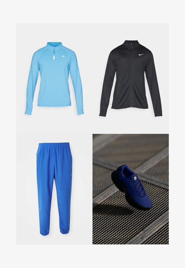 Black athletic jacket with long sleeves, collar, and full zipper. Features a subtle Nike logo in white on the upper left chest. Smooth texture.; Light blue long-sleeve top with a half-zip collar, made of smooth fabric. Features raglan sleeves and a small logo on the chest.; Blue athletic pants with elastic waistband, straight leg design, and tapered cuffs. Features Nike logo in gold on the left side.; Blue athletic shoe with a textured upper, black sole, and laces. Features "air" branding on the tongue and visible air cushioning elements.