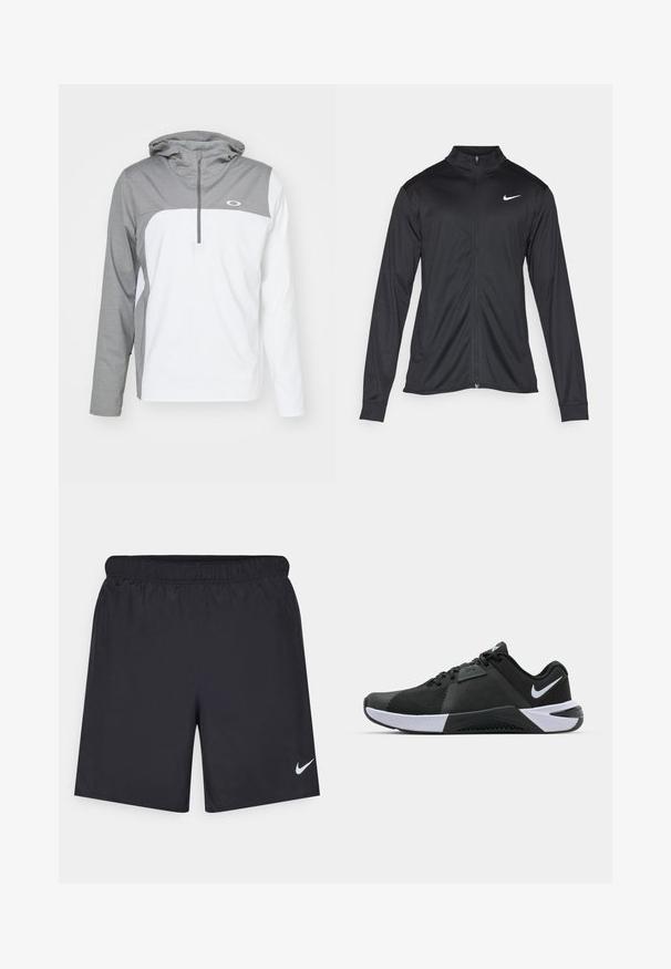 Schwarze Sportjacke mit langen Ärmeln, Kragen und voller Reißverschluss. Verfügt über ein dezentes Nike-Logo in Weiß auf der oberen linken Brust. Glatte Textur.; Leichte Pulli-Jacke mit einem grauen oberen Bereich, einem weißen unteren Bereich und einem Reißverschlusskragen. Verfügt über eine Kapuze und ein Logo auf der Brust.; Schwarze sportliche Shorts aus leichtem Material mit einem elastischen Bund. Auf der unteren linken Seite befindet sich ein kleines weißes Nike-Logo.; Nike Performance METCON 10 - Trainingsschuh - black/white/anthracite