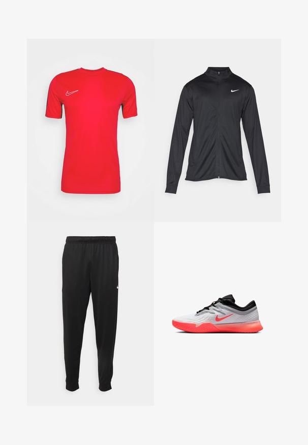 Must värvi sportlik jakk pikkade varrukatega, krae ja täispikk tõmblukk. Ülemises vasakus rinnas on diskreetne valge Nike logo. Sile tekstuur.; Punane lühikeste varrukatega Nike spordisärk, millel on ümar kaelus, vasakul rinnal valge Nike sümbol ja kontrastsed mustad küljetooted.; Mustad mustekad athletic-püksid sujuvast kangast, elastse vöökoha, kitsenevate jalgade ja väikese valge logoga vasakul küljel.; Valge ja must spordijalats erksate oranžide talladega ning Nike swoosh'iga, madala lõikega disainiga ning tekstureeritud haardega esiäll.