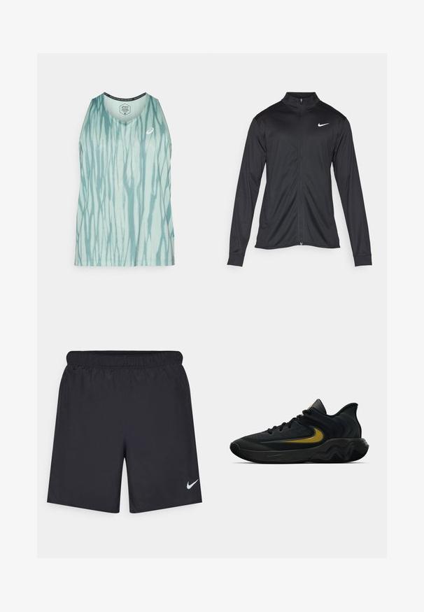 Must värvi sportlik jakk pikkade varrukatega, krae ja täispikk tõmblukk. Ülemises vasakus rinnas on diskreetne valge Nike logo. Sile tekstuur.; Helehall tank top, millel on vertikaalsed triibulised tie-dye mustrid, ümmargune kaelus ja logo aktsent. Valmistatud hingavast kangast.; Mustad mustikud lühikesed püksid, mis on valmistatud kergest materjalist ja millel on elastne vöökoht. Alumisel vasakul küljel on väike valge Nike logo.; Mustmust värvi ja tumeda halli sportlik king, millel on mustad paelad ja kuldne swooshi logo, ning laineline tald ja pehmendatud kand.
