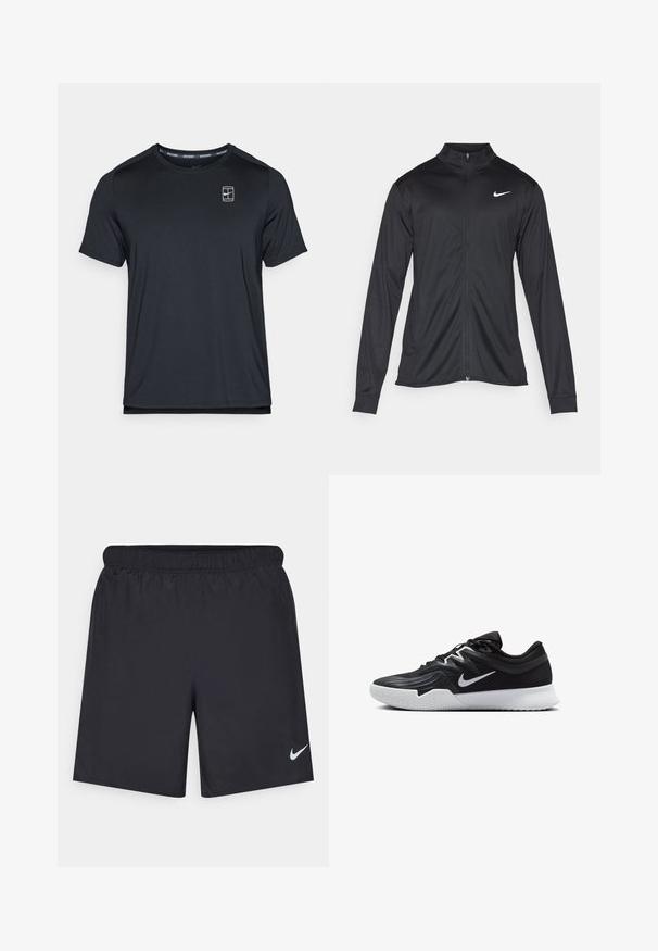 Črna atletska jakna z dolgimi rokavi, ovratnikom in polnim zadrgo. Vključuje diskreten bel Nike logotip na zgornjem levem delu prsnega koša. Gladka tekstura.; Črna kratka športna majica s kratkimi rokavi, izdelana iz gladkega blaga, z majhnim logotipom na prsih in okroglim izrezom.; Črne atletske kratke hlače iz lahkotnega materiala z elastičnim pasom. Imajo majhen bel Nike logo na spodnji levi strani.; Črne atletske čevlje z teksturirano zgornjico, belim Nike znakom in belim gumijastim zunanjim podplatom. Imajo vezalni dizajn in dinamično obliko.