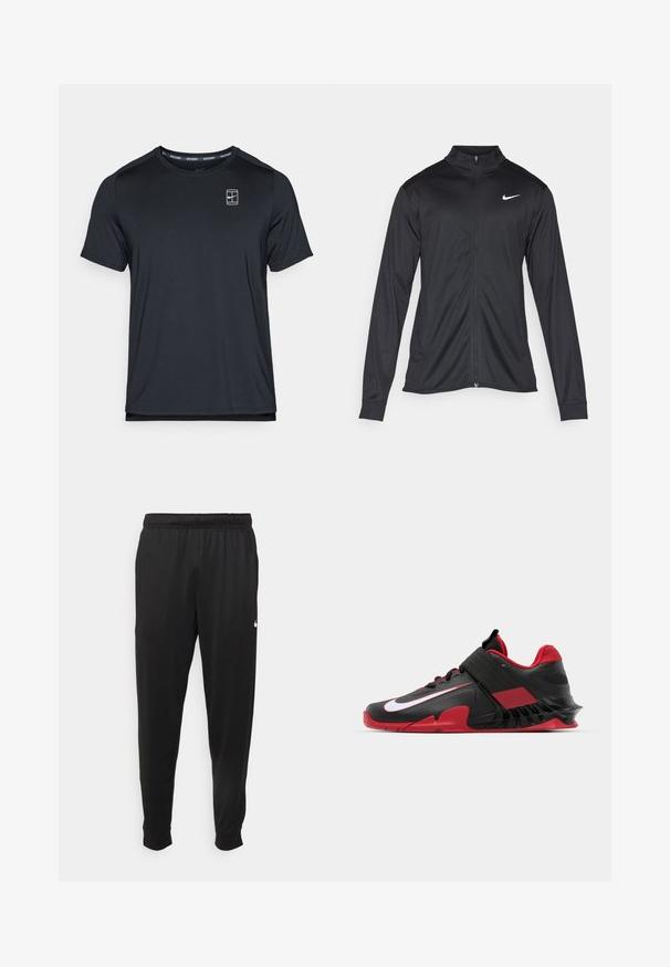 Jachetă sportivă neagră cu mâneci lungi, guler și fermoar complet. Prezintă un logo Nike subtil, alb, pe pieptul din stânga sus. Textură netedă.; Tricou sportiv negru, cu mânecă scurtă, confecționat dintr-un material fin, având un mic logo pe piept și un gât rotund.; Pantaloni sportivi negri dintr-o țesătură netedă, cu un elastic la brâu, picioare conice și un mic logo alb pe partea stângă.; Adidași sport negri și roșii, cu un design elegant, superior din plasă texturată, talpă din cauciuc robustă și un accent proeminent al logo-ului alb.