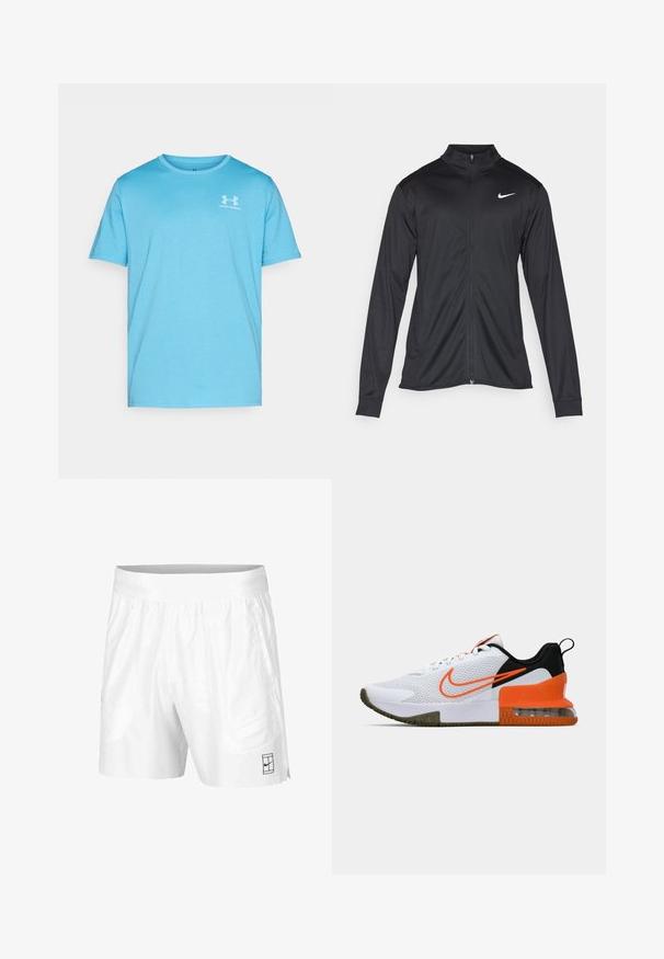 Fekete sportdzseki hosszú ujjal, gallérral és teljes cipzárral. Diszkrét fehér Nike logóval az upper bal mellen. Sima textúra.; Under Armour LEFT CHEST LOGO - Nyomott mintás póló - ether blue/white; Fehér atlétikai rövidnadrág, könnyű anyagból, rugalmas derékkal, két oldalsó zsebbel és egy kis fekete logóval az alján.; Fehér sportcipő, texturált hálós felsőrésszel, fekete és narancssárga részletekkel, vastag gumitalppal és átlátszó levegőpárnával a sarkán.