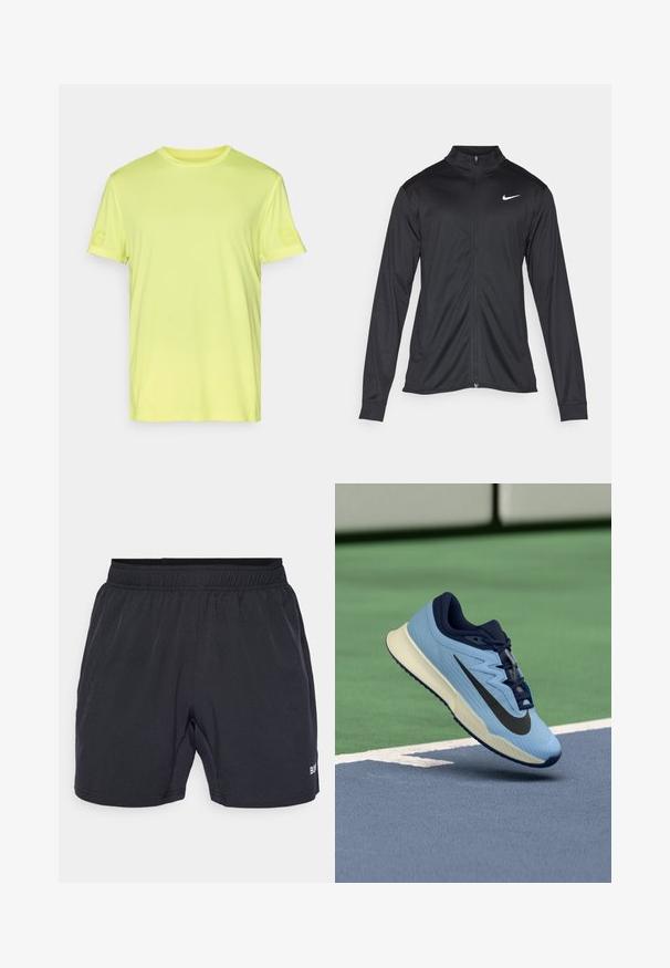 Must värvi sportlik jakk pikkade varrukatega, krae ja täispikk tõmblukk. Ülemises vasakus rinnas on diskreetne valge Nike logo. Sile tekstuur.; Heled kollane lühikeste varrukatega T-särk, millel on tekstureeritud kangas. Vasakul varrukal on diskreetne bränding. Klassikaline ümmargune kaelus.; Mustad lühikesed püksid, elastse vöökohtaga, valmistatud siledast ja kergest kangast, väikese logoga alumisel paremal küljel.; Helesinine spordijalats navy aksentidega, tekstureeritud võrgupealne ja must Swoosh logo. Soolas on pehmendustega keskosa ja kummist välistald.