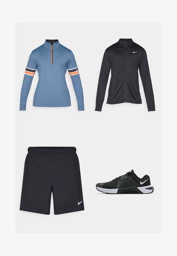 Melna sporta jaka ar garām piedurknēm, apkakli un pilnu rāvējslēdzēju. Uz kreisā krūts augšdaļas ir maigs Nike logo baltā krāsā. Gluda tekstūra.; Gara piedurkne džemperis gaiši zilā audumā ar augstu apkakli un ceturtdaļas rāvējslēdzēju. Piedurknes rotā oranžas, melnas un baltas svītras.; Melnas sporta šorti, izgatavoti no viegla materiāla, ar elastīgu jostu. Uz apakšējā kreisā stūra ir neliels balts Nike logo.; Nike Performance METCON 10 - Treniņkurpes - black/white/anthracite