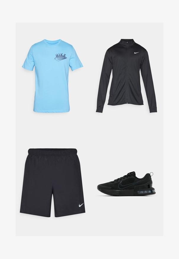 Μαύρο αθλητικό μπουφάν με μακριά μανίκια, γιακά και πλήρη φερμουάρ. Διαθέτει ένα διακριτικό λευκό λογότυπο της Nike στη πάνω αριστερή πλευρά του στήθους. Λείος υφασμάτινος χαρακτήρας.; Ανοιχτό μπλε βαμβακερό μπλουζάκι με κοντά μανίκια, με γραφικό λογότυπο Nike σε γκρι χρώμα στο αριστερό στήθος. Κανονική εφαρμογή και σχέδιο με λαιμόκοψη τύπου crew.; Μαύρες αθλητικές βερμούδες από ελαφρύ υλικό με ελαστική μέση. Διαθέτουν ένα μικρό λευκό λογότυπο Nike στην κάτω αριστερή πλευρά.; Μαύρο αθλητικό παπούτσι Nike με διαπνέον επάνω μέρος, καουτσούκ σόλα, μαξιλαρωμένο κολάρο και διακριτικό διάφανο τμήμα στη φτέρνα.