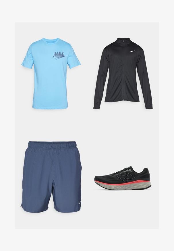 Must värvi sportlik jakk pikkade varrukatega, krae ja täispikk tõmblukk. Ülemises vasakus rinnas on diskreetne valge Nike logo. Sile tekstuur.; Heleheles helesin sinine puuvillane T-särk, millel on lühikesed varrukad, ning vasakus rinnas hall Nike'i logo graafika. Üksik sobivus ja ümar kaelus.; Hallid hallid Nike šortid on varustatud elastse vöökoha, kergesti hingava materjaliga ja külgsete reitega liikuvuse jaoks. Madalamas paremas säärtes on väike logo.; Mustvalge jooksujalats, millel on võrkkangast pealisosa, millele on lisatud roosa vaheosa riba ja hall pohjaplaat. Omab tekstureeritud detaile ja paindlikku talla disaini.