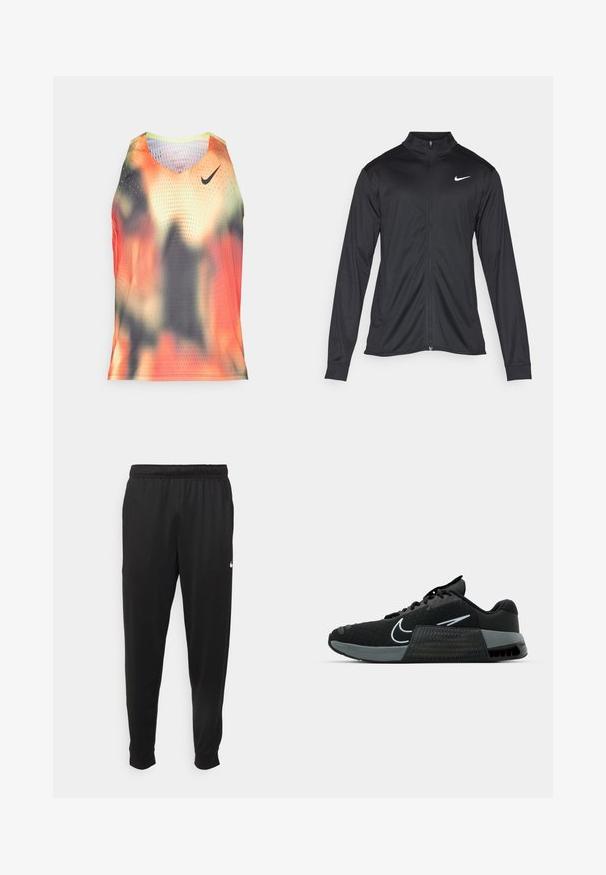 Zwarte sportjack met lange mouwen, kraag en volle rits. Voorzien van een subtiele Nike-logo in het wit op de bovenste linkerborst. Soepele textuur.; Mannen mouwloos shirt, lichtgewicht mesh stof in oranje, zwart en grijs abstract patroon; heeft het Nike-logo en een geperforeerde textuur.; Zwarte sportbroek gemaakt van gladde stof, met een elastische tailleband, taps toelopende pijpen en een klein wit logo aan de linkerzijde.; Zwarte sportieve schoen met een bovenwerk van mesh, grijze accenten en een gestructureerde tussenzool. Voorzien van een opvallend logo en een vetersluiting. Rubberen buitenzool voor grip.