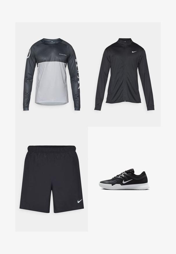 Chaqueta atlética negra con mangas largas, collar y cremallera completa. Presenta un sutil logo de Nike en blanco en la parte superior izquierda del pecho. Textura suave.; Jersey de ciclismo de manga larga en negro y gris, con un cuello redondo, textura suave y acentos de logo en el pecho y la manga.; Pantalones cortos deportivos negros hechos de un material ligero con una cintura elástica. Presenta un pequeño logo blanco de Nike en la parte inferior izquierda.; Zapatilla deportiva negra con parte superior texturizada, logo de Nike en blanco y suela de goma blanca. Tiene un diseño con cordones y una forma dinámica.