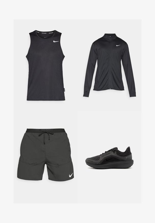 Crna sportska jakna s dugim rukavima, ovratnikom i punim patentnim zatvaračem. Ima suptilan Nike logo u bijeloj boji na gornjem lijevom dijelu prsne oznake. Glatka tekstura.; Crna bezrukavna atletska majica od glatkog materijala, s teksturiranim uzorkom i malim bijelim Nike logotipom na prsima.; Crne trkačke kratke hlače s elastičnim pojasom, vezicom, bočnim džepovima i bijelim Nike logotipom na donjem lijevom dijelu nogavice.; Crna sportska cipela s texturiranim kviltanim gornjim dijelom, elegantnog dizajna i crnom gumenom potplatu. Sadrži vidljivi logo i Gore-Tex brendiranje.