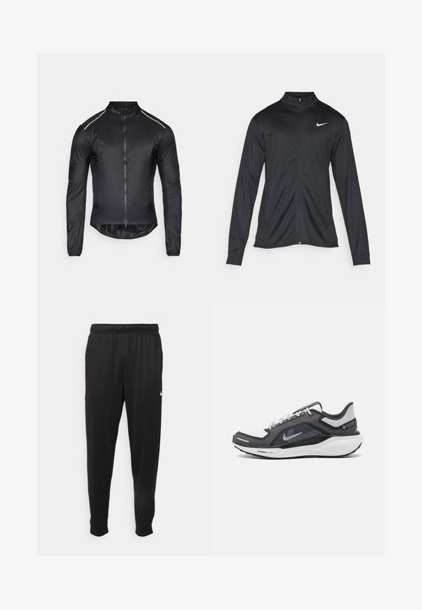 Must värvi sportlik jakk pikkade varrukatega, krae ja täispikk tõmblukk. Ülemises vasakus rinnas on diskreetne valge Nike logo. Sile tekstuur.; Must kergest kangast jalgratturiipik, mis on sile ja kergesti kuivav. Omab pikki varrukaid, kõrget krae ja täiesti avanevat esist nii, et see on varustatud helendavate detailidega.; Mustad mustekad athletic-püksid sujuvast kangast, elastse vöökoha, kitsenevate jalgade ja väikese valge logoga vasakul küljel.; Mustern ja hallide värvusega spordijalats, millel on võrgusilmast ülemine osa, peegeldavad aktsendid ja valge vaheosa. Omab tekstuuriga kummist välisosa ja kingapaelu.