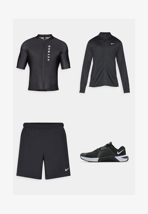 Veste de sport noire à manches longues, avec col et fermeture éclair intégrale. Présente un logo Nike subtil en blanc sur le côté supérieur gauche de la poitrine. Texture lisse.; Maillot de cyclisme à manches courtes en tissu noir et lisse. Il possède une fermeture éclair à l'avant et le logo "OAKLEY" imprimé en blanc sur le côté gauche.; Shorts de sport noirs en matériau léger avec une taille élastique. Présente un petit logo Nike blanc sur le bas du côté gauche.; Nike Performance METCON 10 - Chaussures fitness - black/white/anthracite