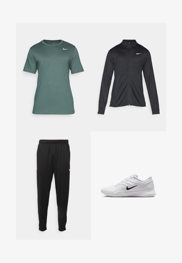 Must värvi sportlik jakk pikkade varrukatega, krae ja täispikk tõmblukk. Ülemises vasakus rinnas on diskreetne valge Nike logo. Sile tekstuur.; Nike Performance TEE CREW SOLID - Spordi T-särk - vintage green; Mustad mustekad athletic-püksid sujuvast kangast, elastse vöökoha, kitsenevate jalgade ja väikese valge logoga vasakul küljel.; Valge spordijalats, millel on tekstuuriga mesh-ülemine osa, must Nike swoosh, pehmendatud krae ja kummist tald, millel on mustritrepp.