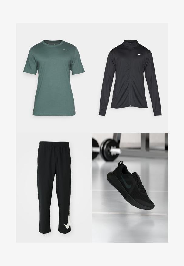 Musta urheilutakki pitkillä hihoilla, kauluksella ja kokonaisella vetoketjulla. Täydentää hienovarainen Nike-logo valkoisena vasemmassa ylärinnassa. Litteä pinta.; Nike Performance TEE CREW SOLID - Tekninen t-paita - vintage green; Mustat urheiluhousut, joissa on joustava vyötärö, kapeneva muotoilu ja suuri valkoinen Nike-logo vasemmassa lahkeessa. Pehmeä, kevyt kangas.; Musta urheilukenkä, jossa on teksturoitu verkkopäällinen, kumipohja ja näkyvä tumma Nike-swoosh-logo. Kenkässä on pehmustettu kaulus ja nauhallinen kiinnitys.
