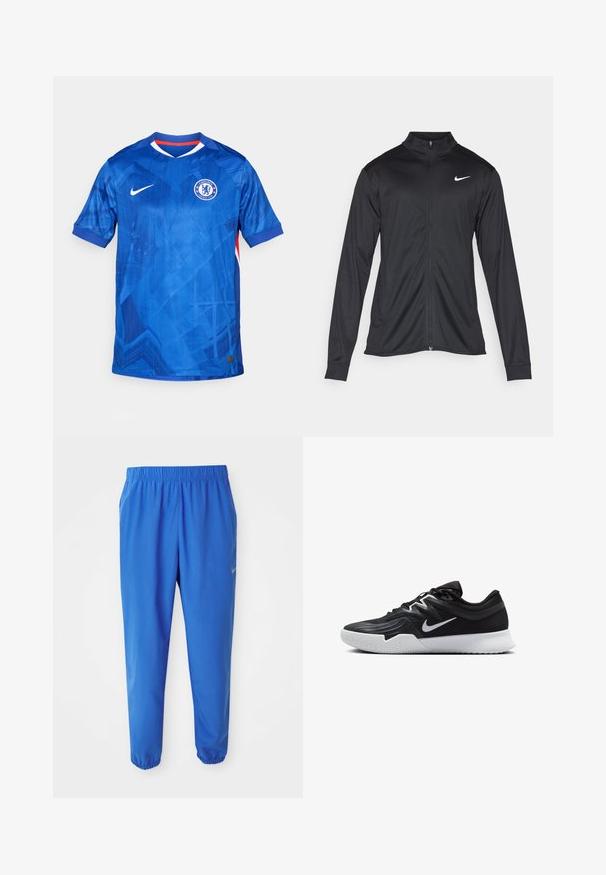 Veste de sport noire à manches longues, avec col et fermeture éclair intégrale. Présente un logo Nike subtil en blanc sur le côté supérieur gauche de la poitrine. Texture lisse.; Maillot de football Nike bleu avec un motif géométrique, manches courtes, encolure en V et insigne de Chelsea FC sur la poitrine gauche ; présente des accents rouges.; Pantalon de sport bleu avec taille élastique, design à jambe droite et poignets resserrés. Présente le logo Nike en or sur le côté gauche.; Chaussure de sport noire avec une tige texturée, un swoosh blanc de Nike et une semelle extérieure en caoutchouc blanc. Elle présente un design à lacets et une forme dynamique.