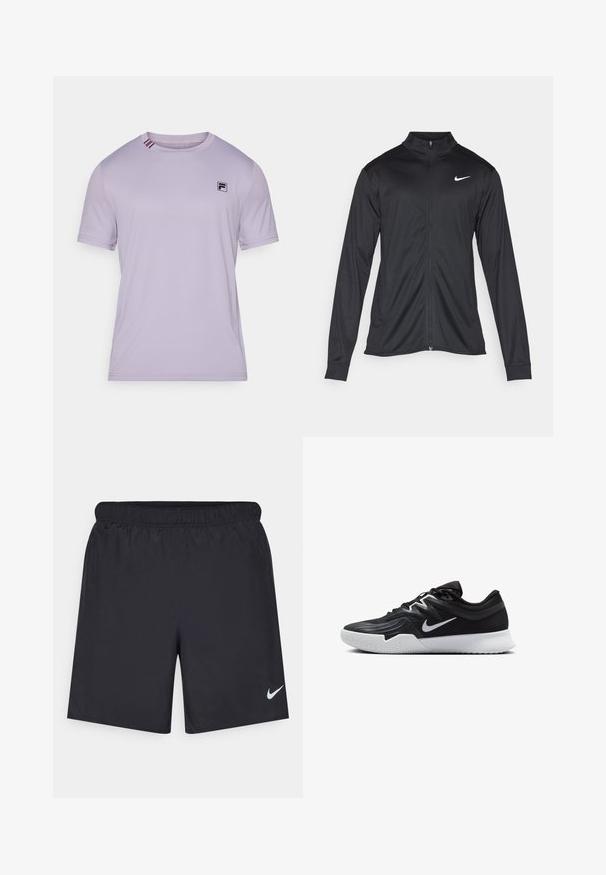 Must värvi sportlik jakk pikkade varrukatega, krae ja täispikk tõmblukk. Ülemises vasakus rinnas on diskreetne valge Nike logo. Sile tekstuur.; Hele lilla sportpaita, mis on valmistatud siledast kangast. Esipoolt kaunistab must logo ja krae ääres on kontrastsed triibud. Lühikesed varrukad.; Mustad mustikud lühikesed püksid, mis on valmistatud kergest materjalist ja millel on elastne vöökoht. Alumisel vasakul küljel on väike valge Nike logo.; Must mustad jalanikesad rikaste ülaservaga, valge Nike swoosh'i ja valge kummist välispõhjaga. Omab paeltega sulgemisdetaili ja dünaamilist kuju.