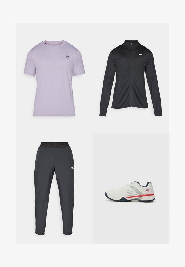 Melna sporta jaka ar garām piedurknēm, apkakli un pilnu rāvējslēdzēju. Uz kreisā krūts augšdaļas ir maigs Nike logo baltā krāsā. Gluda tekstūra.; Gaiši purpursarkans sporta T-krekls, kas izgatavots no gludas auduma. Uz krūtīm ir melns logotips un kontrastējošas svītras pie apkakles. Īsas piedurknes.; Nike Pro bikses tumši pelēkā krāsā, ar melnu elastīgu jostu, uz kuras ir teksts "PRD" un "NIKE PRO", gluda auduma, sašaurinātas formas un smalkiem izšuvumu elementiem.; Baltas sporta apavu modelis ar pelēkiem un sarkaniem akcentiem, ar teksturētu sieta augšdaļu, elastīgu zoli un izteiktu sānu paneļu dizainu. Aprīkoti ar saites aizdari.
