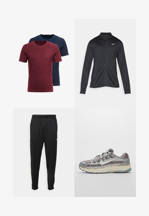 Jachetă sportivă neagră cu mâneci lungi, guler și fermoar complet. Prezintă un logo Nike subtil, alb, pe pieptul din stânga sus. Textură netedă.; Două tricouri cu guler rotund, stivuite; unul bordo și unul bleumarin închis. Realizate din bumbac, cu mâneci scurte și o textură netedă.; Pantaloni sportivi negri dintr-o țesătură netedă, cu un elastic la brâu, picioare conice și un mic logo alb pe partea stângă.; Pantofii sport gri sunt realizați dintr-un amestec de plasă și piele întoarsă, cu accente albe, o talpă bine îmbrăcată și un design distinctiv cu elemente reflectorizante.