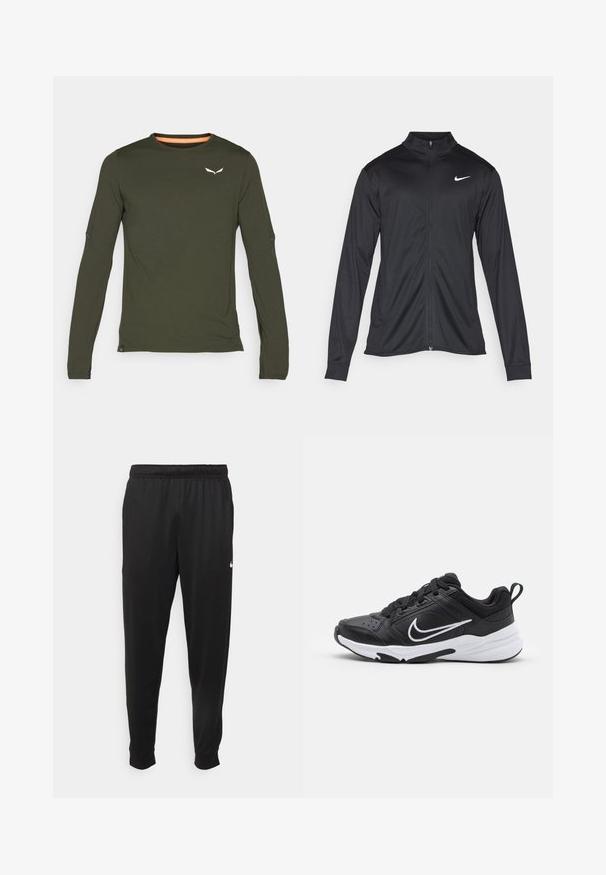 Juodas sportinis švarkas su ilgomis rankovėmis, apykakle ir pilnu užtrauktuku. Yra subtilus baltas Nike logotipas kairėje krūtinės pusėje. Lygus tekstūra.; Salewa PEDROC DRY TEE - Ilgarankovis viršutinės dalies drabužis - dark olive; Juodi sportiniai kelnės, pagamintos iš lygaus audinio, turinčios elastinę juosmenį, siaurėjantys sijonai ir mažas baltas logotipas kairėje pusėje.; Juoda sportinė avalynė su odiniu ir tekstiliniu viršumi, balta tarpvairo dalimi, juodu padu, paminkštintu apykakle, raištelių uždarymu ir baltu logotipu.