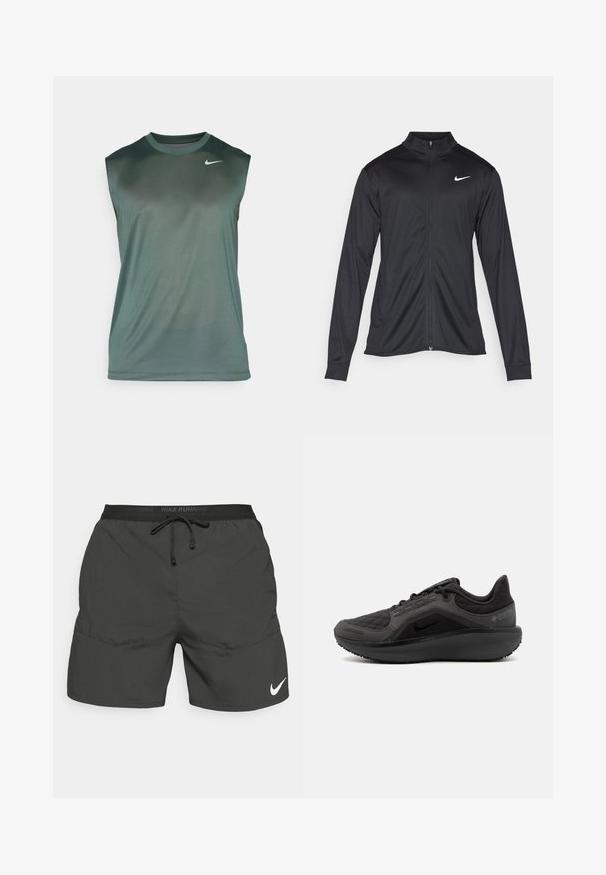 Čierna športová bunda s dlhými rukávmi, golierom a plným zipsom. Obsahuje nenápadné logo Nike v bielej farbe na hornej ľavej hrudi. Hladká textúra.; Nike Performance TEE RESET - Top - vintage green/matte silver; Čierne bežecké šortky s elastickým pásom, šnúrkou na stiahnutie, bočnými vreckami a bielym logom Nike na dolnej ľavej nohe.; Čierna športová obuv s textúrovaným prešívaným zvrškom, elegantným dizajnom a čiernou gumovou podrážkou. Obsahuje viditeľné logo a značku Gore-Tex.