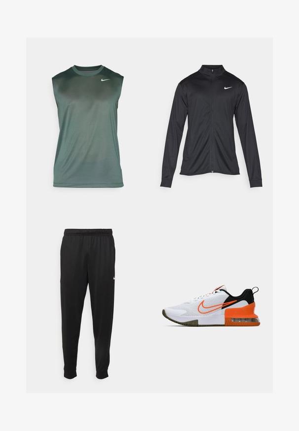 Svart idrettsjakke med lange ermer, krage og full glidelås. Har en subtil Nike-logo i hvitt på øvre venstre bryst. Glatt tekstur.; Nike Performance TEE RESET - Topper - vintage green/matte silver; Svarte treningsbukser laget av glatt stoff, med elastisk midje, smale ben og en liten hvit logo på venstre side.; Hvit sportssko med et teksturert mesh-overdel, sorte og oransje accenter, en tykk gummisåle og en klar luftpute-seksjon ved hælen.
