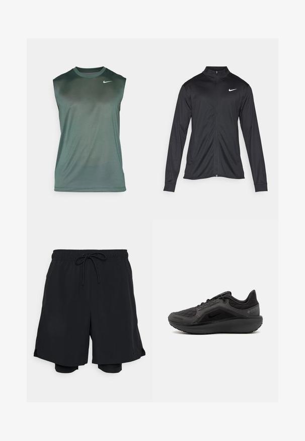 Svart idrettsjakke med lange ermer, krage og full glidelås. Har en subtil Nike-logo i hvitt på øvre venstre bryst. Glatt tekstur.; Nike Performance TEE RESET - Topper - vintage green/matte silver; Svarte idrettsshorts laget av lett stoff, med elastisk midje og snøring, samt en tettsittende innerbukse.; Svart atletisk sko med teksturert quiltet overdel, slank design og svart gummisåle. Har synlig logo og Gore-Tex-merke.