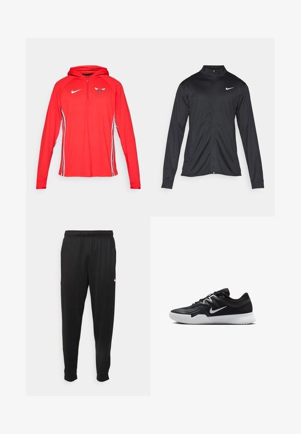 Melna sporta jaka ar garām piedurknēm, apkakli un pilnu rāvējslēdzēju. Uz kreisā krūts augšdaļas ir maigs Nike logo baltā krāsā. Gluda tekstūra.; Sarkans Nike džemperis ar pus-izdo priekšu, kurā ir Bulls logo uz krūtīm un baltas sānu svītras gar piedurknēm. Gluda, viegla auduma.; Melnas sporta bikses, kas izgatavotas no gludas auduma, ar elastīgu jostu, sašaurinošām kājām un mazu balto logo kreisajā pusē.; Melni sporta apavi ar teksturētu virsu, balto Nike zulumu un balto gumijas zoli. Iezīmējas ar auklu pievilkšanas dizainu un dinamisku formu.