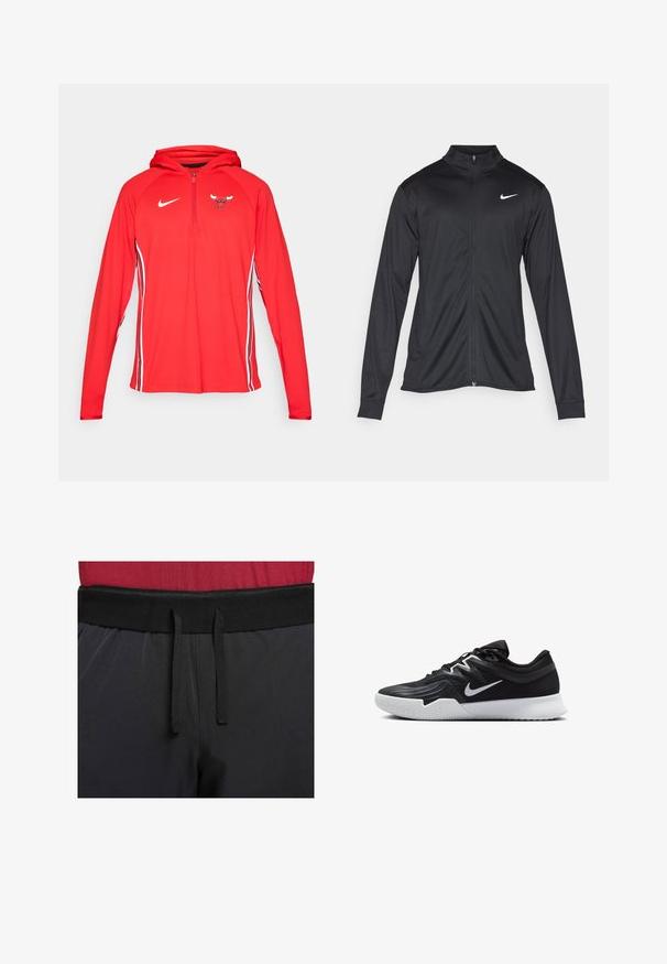 Giacca sportiva nera con maniche lunghe, colletto e zip completa. Presenta un logo Nike in bianco sulla parte superiore del lato sinistro del petto. Tessuto morbido.; Hoodie rosso Nike con zip frontale a metà, caratterizzato da un logo dei Bulls sul petto e strisce bianche sui lati delle maniche. Tessuto liscio e leggero.; I pantaloni sportivi neri presentano un ampio elastico in vita con un cordoncino esterno. Il tessuto è liscio con una leggera lucentezza e senza motivi visibili.; Scarpa sportiva nera con tomaia testurizzata, logo Nike swoosh bianco e suola in gomma bianca. Presenta un design con lacci e una forma dinamica.
