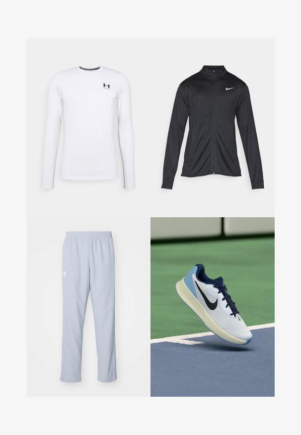 Crna sportska jakna s dugim rukavima, ovratnikom i punim patentnim zatvaračem. Ima suptilan Nike logo u bijeloj boji na gornjem lijevom dijelu prsne oznake. Glatka tekstura.; Bijela majica dugih rukava za sport, napravljena od glatkog materijala, s okruglim izrezom i malim crnim logotipom na gornjem lijevom dijelu.; Svijetloplave sportske hlače s elastičnom pasicom, bočnim džepovima i zatvaračima na gležnjevima. Imaju bijeli logo na lijevom bedru.; Bijela atletska cipela s mornarskim akcentima, prozračnim gornjim dijelom, teksturiranom potplatom i svijetloplavim zaletom, prikazuje elegantan, moderan dizajn.