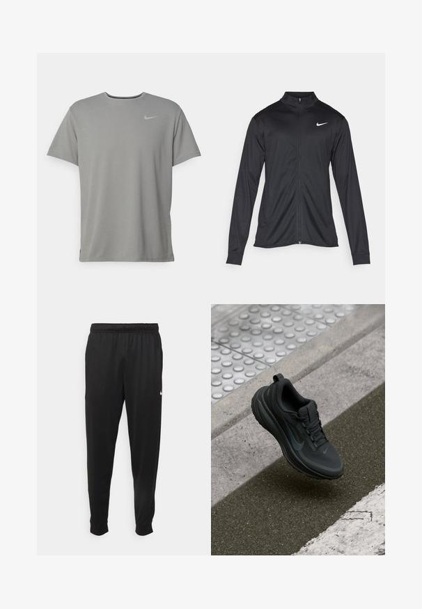 Must värvi sportlik jakk pikkade varrukatega, krae ja täispikk tõmblukk. Ülemises vasakus rinnas on diskreetne valge Nike logo. Sile tekstuur.; Hallide Nike t-särk lühikeste varrukatega, ümar kaelus ja väike hõbedane logo vasakul rinnal. Valmistatud pehmest ja kergest kangast.; Mustad mustekad athletic-püksid sujuvast kangast, elastse vöökoha, kitsenevate jalgade ja väikese valge logoga vasakul küljel.; Must mustus jalanõud siledast kangast ülemise osaga, tekstuuriga talla ja peegeldavate detailidega. Omab ümarat varvast ja paeltega kinnitust.