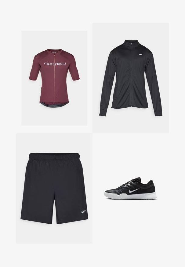 Melna sporta jaka ar garām piedurknēm, apkakli un pilnu rāvējslēdzēju. Uz kreisā krūts augšdaļas ir maigs Nike logo baltā krāsā. Gluda tekstūra.; Īsām piedurknēm velo krekls tumši bordo krāsā ar pilnīgu priekšējo rāvējslēdzēju. Iezīmes: balta logo teksts un aizmugurējā sieta paneļa ventilācijai.; Melnas sporta šorti, izgatavoti no viegla materiāla, ar elastīgu jostu. Uz apakšējā kreisā stūra ir neliels balts Nike logo.; Melni sporta apavi ar teksturētu virsu, balto Nike zulumu un balto gumijas zoli. Iezīmējas ar auklu pievilkšanas dizainu un dinamisku formu.