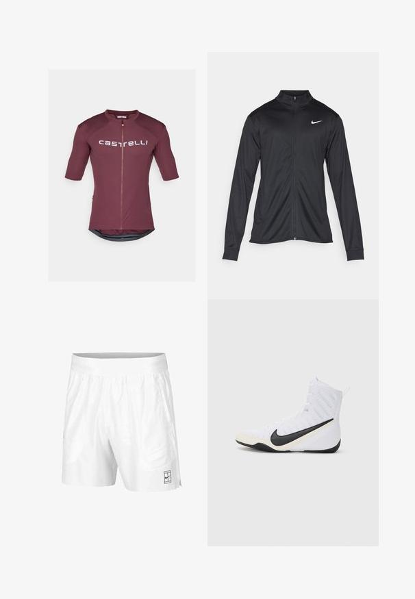 Musta urheilutakki pitkillä hihoilla, kauluksella ja kokonaisella vetoketjulla. Täydentää hienovarainen Nike-logo valkoisena vasemmassa ylärinnassa. Litteä pinta.; Lyhythihainen pyöräilypaita syvässä burgundin värissä, jossa on täyspitkä vetskari. Siinä on valkoinen logoteksti ja takana verkkopaneeli ilmanvaihtoa varten.; Valkoiset urheilushortsit, jotka on valmistettu kevyestä kankaasta, joustovyötäröllä. Siinä on kaksi sivutaskua ja pieni musta logo helman kohdalla.; Kengät Nike urheiluvalkoiset mustalla swoosh-logolla. Ominaisuuksiin kuuluvat korkeampi malli, teksturoitu pinta ja kestävä kumipohja.