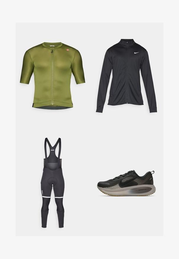 Jacket desportivo preto com mangas longas, colarinho e fecho zip completo. Apresenta um discreto logotipo da Nike em branco na parte superior do lado esquerdo do peito. Textura suave.; Jersey de ciclismo verde-oliva com mangas curtas, gola alta, fecho em zíper frontal e uma textura canelada subtil. Apresenta um detalhe de logótipo no ombro.; Bermudas de ciclismo pretas com alças ajustáveis, assento acolchoado, detalhes reflexivos brancos nas coxas e tecido elástico e respirável.; Shoe de corrida preto com parte superior em malha, detalhes refletivos e amortecimento ZoomX. Apresenta uma sola texturizada para aderência. Design aerodinâmico.