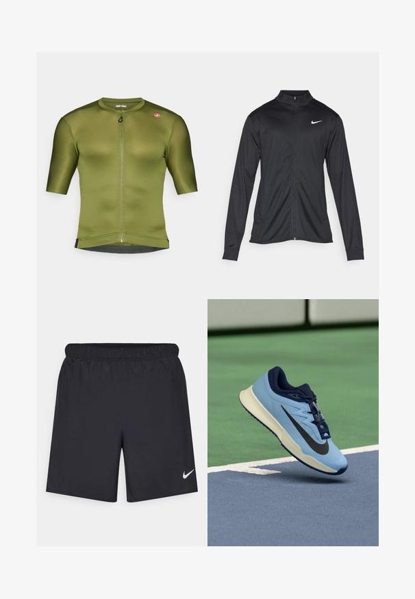 Čierna športová bunda s dlhými rukávmi, golierom a plným zipsom. Obsahuje nenápadné logo Nike v bielej farbe na hornej ľavej hrudi. Hladká textúra.; Olivovo zelený cyklistický dres s krátkymi rukávmi, vysokým golierom, predným zipsom a jemnou rebrovanou textúrou. Obsahuje akcent s logom na pleci.; Čierne atletické šortky z ľahkého materiálu s elastickým pásom. Na dolnej ľavej strane majú malé biele logo Nike.; Svetlo modrá športová topánka s námorníckymi akcentmi, štruktúrovaný sieťovaný zvršok a čierne logo Swoosh. Obsahuje polstrovanú medzipodrážku a gumovú podrážku.
