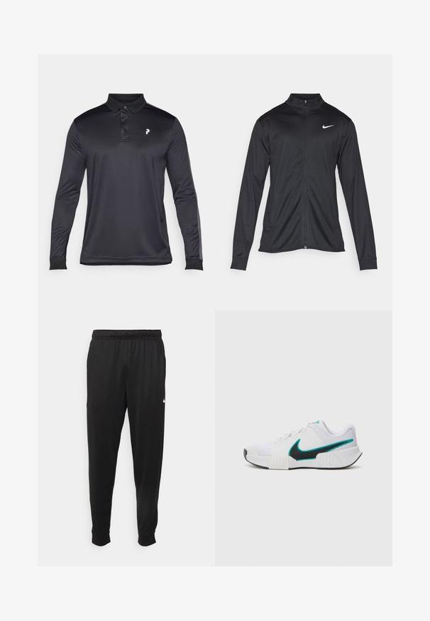 Jacket desportivo preto com mangas longas, colarinho e fecho zip completo. Apresenta um discreto logotipo da Nike em branco na parte superior do lado esquerdo do peito. Textura suave.; Camisa polo preta de manga longa feita de tecido suave. Apresenta um colarinho clássico, lista de três botões e um pequeno logótipo branco no peito.; Calças de desporto pretas feitas de tecido suave, com uma cintura elástica, pernas ajustadas e um pequeno logo branco no lado esquerdo.; Tênis atlético branco com parte superior em malha texturizada, solado de borracha preta e detalhe em swoosh Nike teal. Apresenta cadarços e colarinho acolchoado.