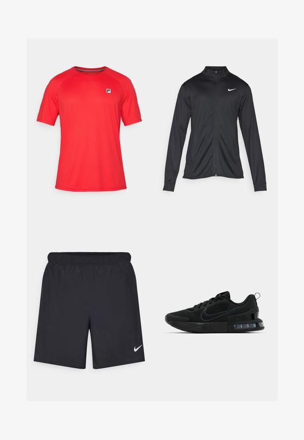Črna atletska jakna z dolgimi rokavi, ovratnikom in polnim zadrgo. Vključuje diskreten bel Nike logotip na zgornjem levem delu prsnega koša. Gladka tekstura.; Rdeča športna majica s kratkimi rokavi iz lahkega materiala, z okroglo ovratnikom in majhno oznako na levem prsu.; Črne atletske kratke hlače iz lahkotnega materiala z elastičnim pasom. Imajo majhen bel Nike logo na spodnji levi strani.; Črni Nike supergi z mrežastim zgornjim delom, teksturirano podplatom in vidno zračno enoto v peti. Poudarki in logotip v temnejši odtenek črne.