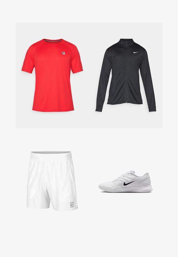 Must värvi sportlik jakk pikkade varrukatega, krae ja täispikk tõmblukk. Ülemises vasakus rinnas on diskreetne valge Nike logo. Sile tekstuur.; Punane lühikeste varrukatega spordipolot, mis on valmistatud kergest kangast, millel on ümmargune kaelus ja väike logo märk vasakul rinnakel. ; Valged spordilühikesed püksid, mis on valmistatud kergest kangast, elastse vöökoha ja kahe küljetaskuga. Hemmi peal on väike must logo.; Valge spordijalats, millel on tekstuuriga mesh-ülemine osa, must Nike swoosh, pehmendatud krae ja kummist tald, millel on mustritrepp.
