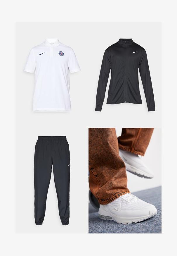 Schwarze Sportjacke mit langen Ärmeln, Kragen und voller Reißverschluss. Verfügt über ein dezentes Nike-Logo in Weiß auf der oberen linken Brust. Glatte Textur.; Weißes Polohemd aus Baumwolle mit Kragen, kurzen Ärmeln, navyfarbenem Nike-Logo und einem runden Paris-Emblem auf der linken Brust.; Schwarze Trainingshose aus einem leichten Stoff mit elastischem Bund, Knöchelabschlüssen und einem dezenten Nike-Logo auf der linken Seite.; Nike Sportswear PULSE - Sneaker low - white/summit white