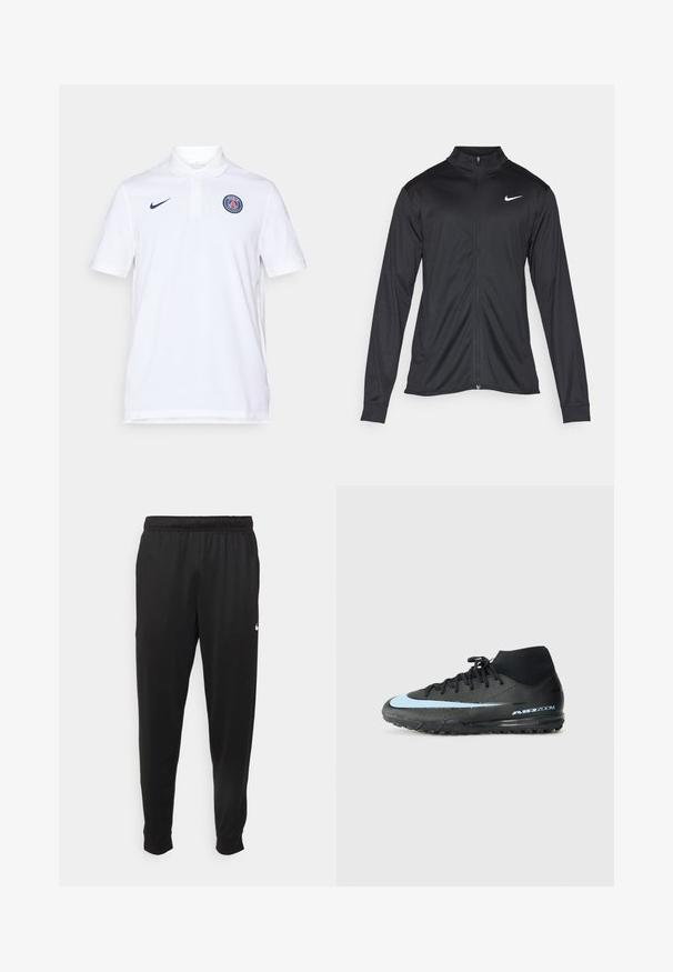 Jacket desportivo preto com mangas longas, colarinho e fecho zip completo. Apresenta um discreto logotipo da Nike em branco na parte superior do lado esquerdo do peito. Textura suave.; Polo branco feito de algodão, com colarinho, mangas curtas, logótipo da Nike em azul-marinho e um emblema circular de Paris no lado esquerdo do peito.; Calças de desporto pretas feitas de tecido suave, com uma cintura elástica, pernas ajustadas e um pequeno logo branco no lado esquerdo.; Sapatilha atlética preta com um design de cano alto, apresentando uma faixa de destaque azul claro e sola texturizada para tração. Marca "AIR ZOOM" visível.