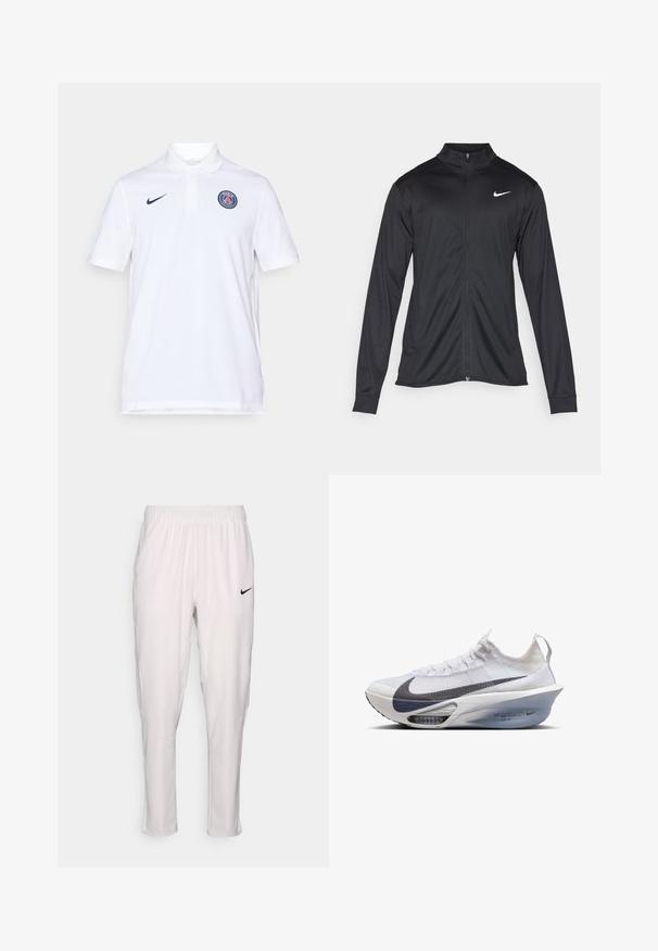 Giacca sportiva nera con maniche lunghe, colletto e zip completa. Presenta un logo Nike in bianco sulla parte superiore del lato sinistro del petto. Tessuto morbido.; Maglietta polo bianca in cotone, con colletto, maniche corte, logo Nike blu navy e un emblema circolare di Parigi sul lato sinistro del petto.; Pantaloni sportivi bianchi con una vita elastica. Presentano una vestibilità slim, una texture liscia e un piccolo logo Nike nero sulla parte anteriore.; Scarpa da corsa Nike in tessuto bianco con baffo grigio, forma aerodinamica, soletta trasparente e ammortizzazione ad aria visibile.