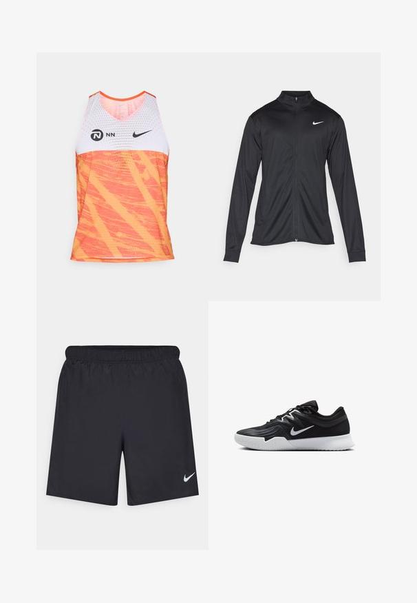 Svart idrettsjakke med lange ermer, krage og full glidelås. Har en subtil Nike-logo i hvitt på øvre venstre bryst. Glatt tekstur.; Nike treningstop med hvit mesh øverste del og en livlig oransje nederste del med en teksturert, abstrakt mønster.; Svart sportskjørt laget av lett materiale med elastisk linning. Har en liten hvit Nike-logo nederst til venstre.; Svart treningssko med teksturert overdel, hvit Nike-swoosh og hvit gummisåle. Har snøring og en dynamisk form.