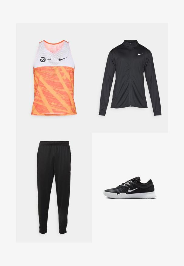 Giacca sportiva nera con maniche lunghe, colletto e zip completa. Presenta un logo Nike in bianco sulla parte superiore del lato sinistro del petto. Tessuto morbido.; Canotta sportiva Nike con una parte superiore in rete bianca e una parte inferiore di un vivace arancione, caratterizzata da un motivo astratto texturizzato.; Pantaloni sportivi neri realizzati in tessuto liscio, con una vita elastica, gambe affusolate e un piccolo logo bianco sul lato sinistro.; Scarpa sportiva nera con tomaia testurizzata, logo Nike swoosh bianco e suola in gomma bianca. Presenta un design con lacci e una forma dinamica.