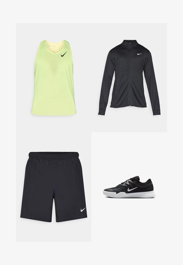 Czarna sportowa kurtka z długimi rękawami, kołnierzem i pełnym zamkiem. Posiada subtelne logo Nike w białym kolorze na lewej górnej części klatki piersiowej. Gładka tekstura.; Jasnozielony top na ramiączkach z dekoltem w kształcie litery V, z perforowaną teksturą i czarnym logo Nike na klatce piersiowej.; Czarne spodenki sportowe wykonane z lekkiego materiału, z elastycznym pasem. Posiadają małe białe logo Nike na dolnej lewej stronie.; Czarne buty sportowe z teksturowaną cholewką, białym logo Nike i białą gumową podeszwą. Charakteryzują się sznurowanym zapięciem i dynamicznym kształtem.