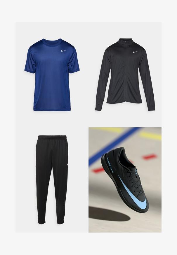 Chaqueta atlética negra con mangas largas, collar y cremallera completa. Presenta un sutil logo de Nike en blanco en la parte superior izquierda del pecho. Textura suave.; Camiseta deportiva azul marino, de mangas cortas, con cuello redondo, hecha de tela suave con un pequeño logo blanco de Nike en el pecho izquierdo.; Pantalones deportivos negros de tejido suave, con cintura elástica, perneras ajustadas y un pequeño logotipo blanco en el lado izquierdo.; Zapatilla deportiva negra con detalles azules, superficie texturizada, diseño de cordones y el logo distintivo de Nike. Suela de goma con patrones de agarre.