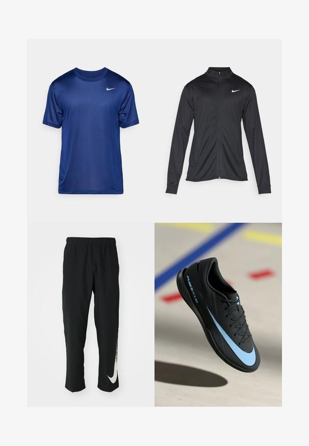 Melna sporta jaka ar garām piedurknēm, apkakli un pilnu rāvējslēdzēju. Uz kreisā krūts augšdaļas ir maigs Nike logo baltā krāsā. Gluda tekstūra.; Tumši zila sporta krekla, īsām piedurknēm, apaļā apkakle, izgatavota no gludas auduma ar mazu baltu Nike logo kreisajā krūšu daļā.; Melni sporta bikses ar elastīgu jostasvīru, ar sašaurinātu dizainu, kurām uz kreisā kājas gabala ir liels balts Nike logo. Mīksts, viegls audums.; Melnas sporta apavas ar ziliem akcentiem, teksturēta virsma, auklu dizains un izteiksmīga Nike logo. Gumijas zole ar saķeres rakstiem.