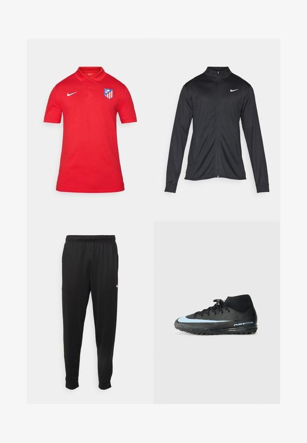Jacket desportivo preto com mangas longas, colarinho e fecho zip completo. Apresenta um discreto logotipo da Nike em branco na parte superior do lado esquerdo do peito. Textura suave.; Camisa polo vermelha com o logótipo da Nike e um emblema da equipa no lado esquerdo do peito. Feita de um tecido suave com colarinho e mangas curtas.; Calças de desporto pretas feitas de tecido suave, com uma cintura elástica, pernas ajustadas e um pequeno logo branco no lado esquerdo.; Sapatilha atlética preta com um design de cano alto, apresentando uma faixa de destaque azul claro e sola texturizada para tração. Marca "AIR ZOOM" visível.