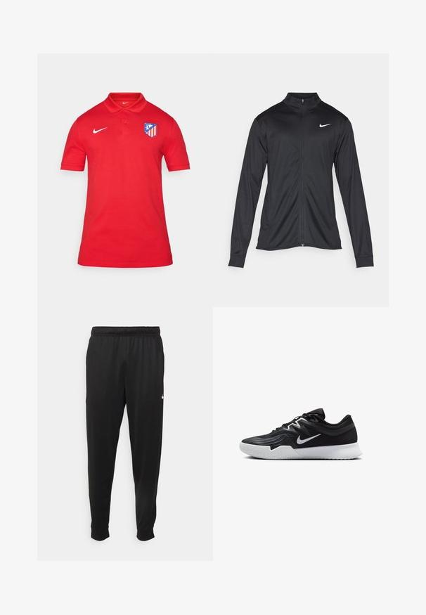 Czarna sportowa kurtka z długimi rękawami, kołnierzem i pełnym zamkiem. Posiada subtelne logo Nike w białym kolorze na lewej górnej części klatki piersiowej. Gładka tekstura.; Czerwona koszulka polo z logo Nike i herbem drużyny na lewej piersi. Wykonana z gładkiego materiału, z kołnierzykiem i krótkimi rękawami.; Czarne sportowe spodnie wykonane z gładkiego materiału, z elastycznym pasem, zwężanymi nogawkami i małym białym logo po lewej stronie.; Czarne buty sportowe z teksturowaną cholewką, białym logo Nike i białą gumową podeszwą. Charakteryzują się sznurowanym zapięciem i dynamicznym kształtem.