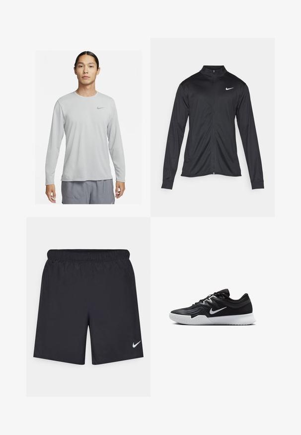 Giacca sportiva nera con maniche lunghe, colletto e zip completa. Presenta un logo Nike in bianco sulla parte superiore del lato sinistro del petto. Tessuto morbido.; Maglietta a maniche lunghe grigia chiara realizzata in un tessuto leggero e liscio. Presenta un piccolo logo Nike nero sul petto sinistro in alto.; Shorts sportivi neri realizzati in materiale leggero con vita elastica. Presentano un piccolo logo Nike bianco sul lato sinistro in basso.; Scarpa sportiva nera con tomaia testurizzata, logo Nike swoosh bianco e suola in gomma bianca. Presenta un design con lacci e una forma dinamica.