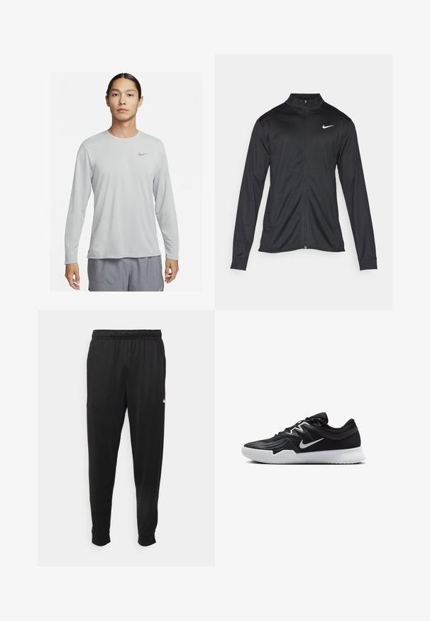 Melna sporta jaka ar garām piedurknēm, apkakli un pilnu rāvējslēdzēju. Uz kreisā krūts augšdaļas ir maigs Nike logo baltā krāsā. Gluda tekstūra.; Gaiši pelēka garām piedurknēm krekls, kas izgatavots no gludas, vieglas auduma. Tam ir mazs melns Nike logo kreisajā augšējā krūtīs.; Melnas sporta bikses, kas izgatavotas no gludas auduma, ar elastīgu jostu, sašaurinošām kājām un mazu balto logo kreisajā pusē.; Melni sporta apavi ar teksturētu virsu, balto Nike zulumu un balto gumijas zoli. Iezīmējas ar auklu pievilkšanas dizainu un dinamisku formu.