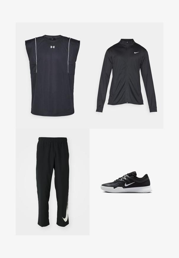 Jacket desportivo preto com mangas longas, colarinho e fecho zip completo. Apresenta um discreto logotipo da Nike em branco na parte superior do lado esquerdo do peito. Textura suave.; Camisola atlética preta sem mangas em tecido texturizado, com detalhes brancos nas laterais e um logótipo da Under Armour no peito.; Calças atléticas pretas com cintura elástica, design afunilado, apresentando um grande logótipo branco da Nike na perna esquerda. Tecido macio e leve.; Sapatilha atlética preta com um cabedal texturizado, swoosh branco da Nike e uma sola de borracha branca. Apresenta um design com atacadores e uma forma dinâmica.